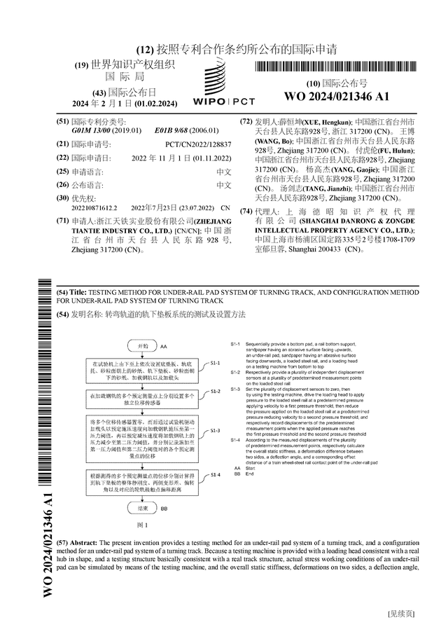 星空体育天铁股份公布国际专利申请：“转弯轨道的轨下垫板系统的测试及设置方法”(图1)